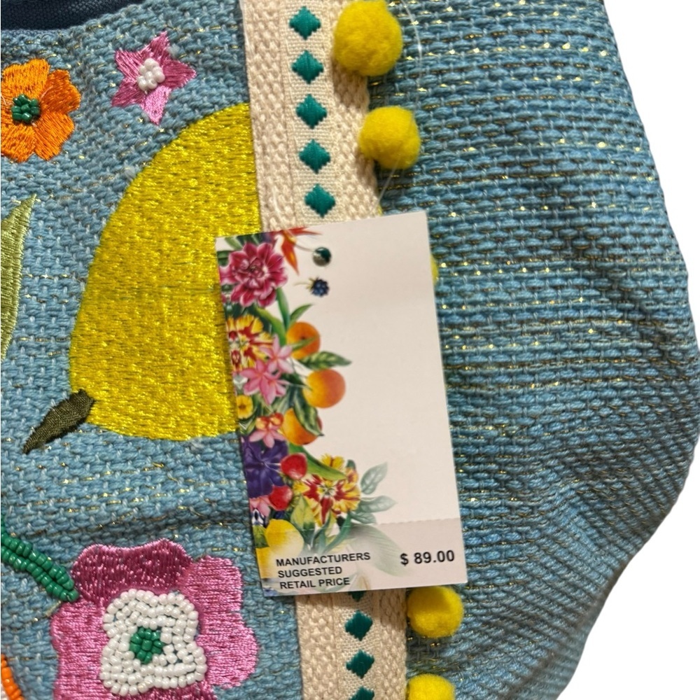 Beach Bag Express Edit Tote-Blue Tropical Embroidered Tote Bag with Pom-Pom Trim - Picture 15 of 16